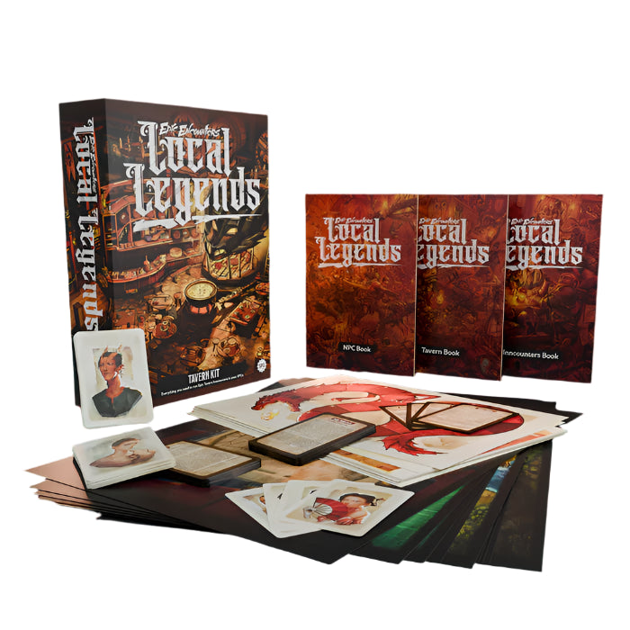 Local Legends board game set with packaging and components on a red background